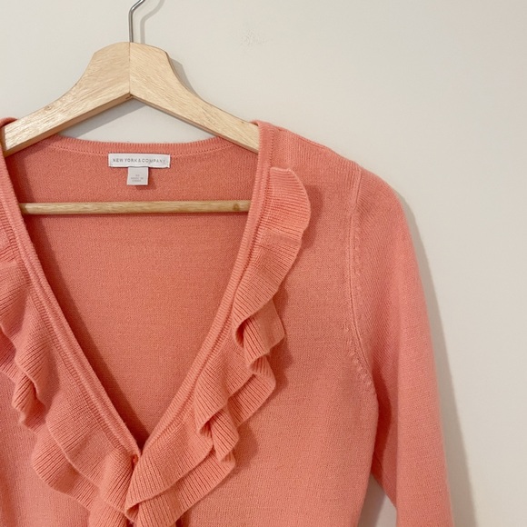 New York & Company • Peach Ruffle V Neck Sweater - Picture 2 of 5